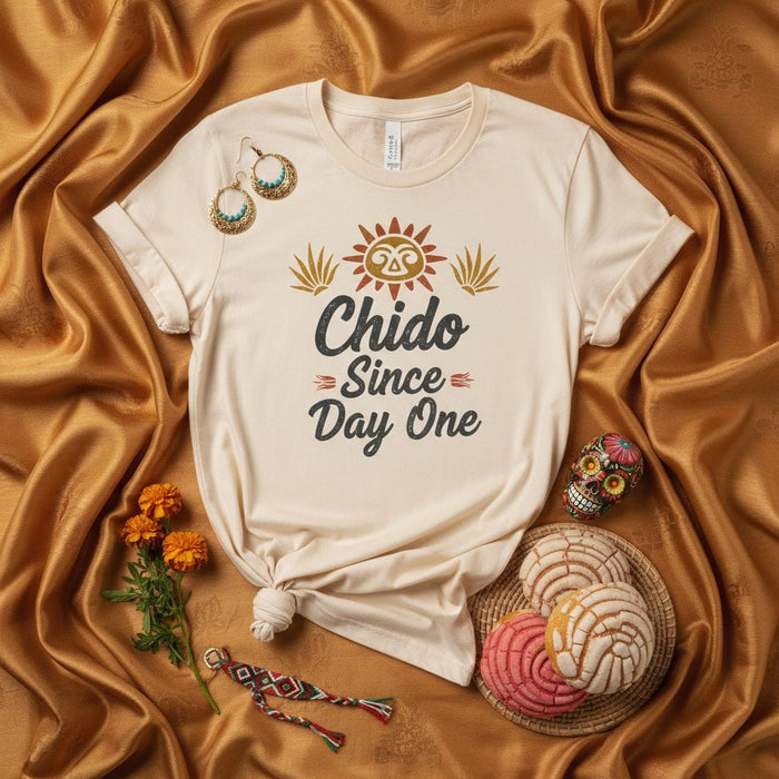 Chido Since Day One T-Shirt, Unisex Graphic Tee with Aztec Sun and Agave Design, Hispanic Heritage Culture Gift, Funny Spanish English Phrase Shirt, Beige Casual Top Mexicada