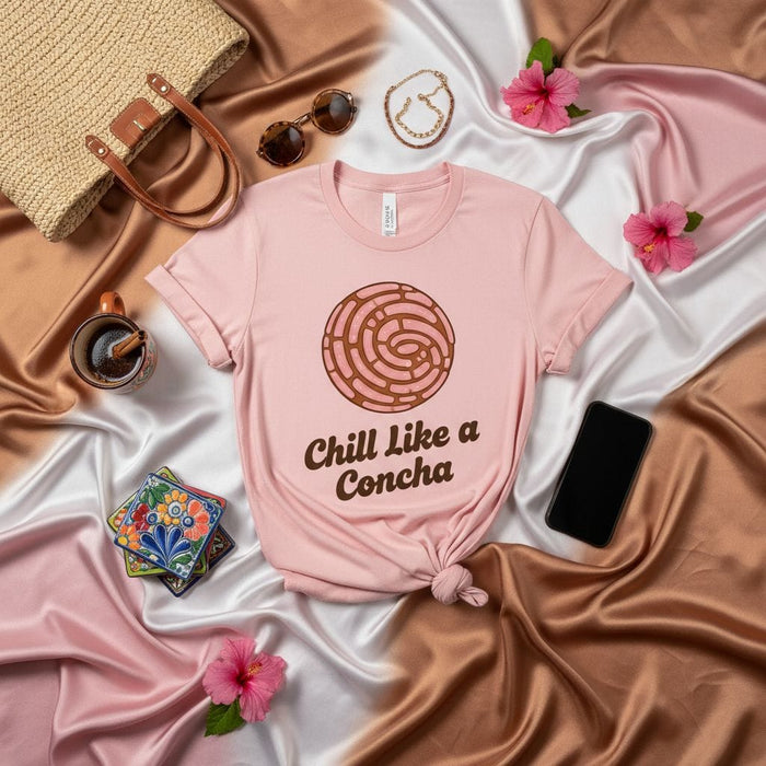 Chill Like a Concha T-Shirt, Mexican Sweet Bread Shirt, Pan Dulce Tee, Cute Foodie Shirt, Bakery Gift, Latinx Pastry Design, Pink Unisex T-shirt Mexicada
