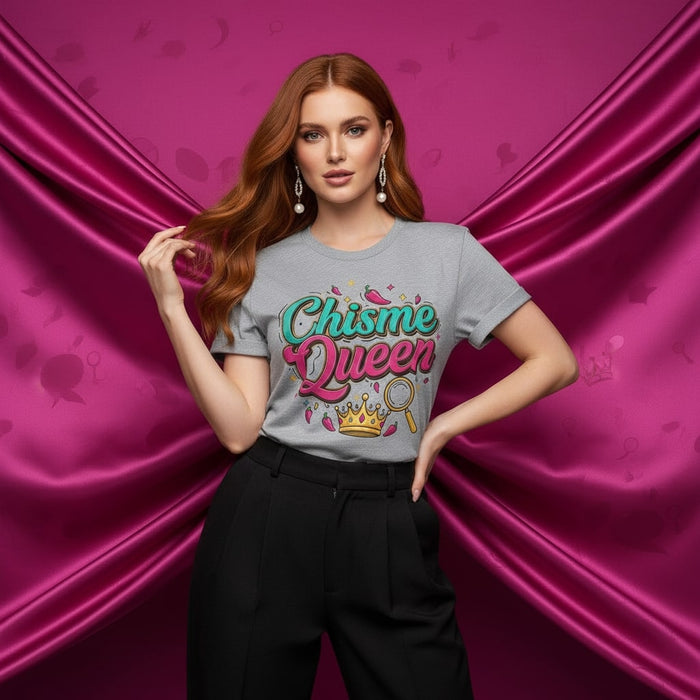 Chisme Queen Shirt Funny Latina T-Shirt Spanish English Spanglish Graphic Tee for Women Gossiping Gift Magnifying Glass Crown Chili Peppers Design Mexicada