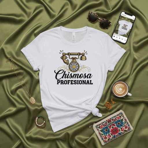 Chismosa Profesional T-Shirt, Funny Spanish Gossip Tee, Retro Rotary Phone Graphic Shirt, Latina Gift, Mexican-American Humor Unisex Top, Spanglish Saying Shirt, Latina Chisme Shirt Mexicada