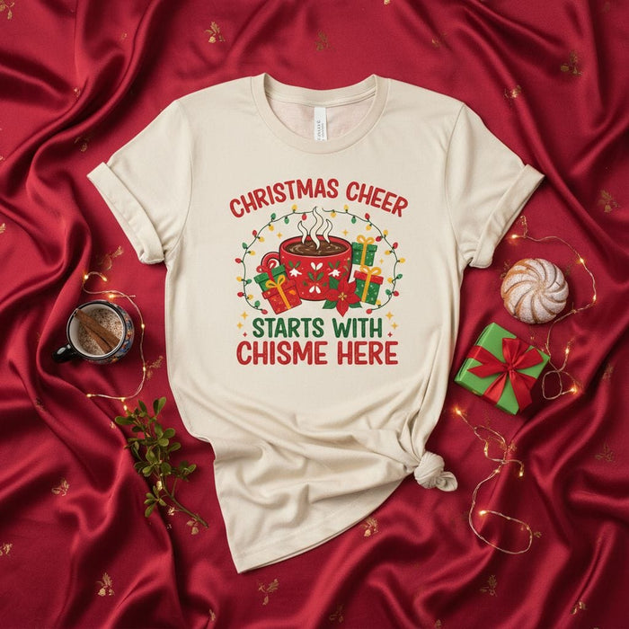 Christmas Cheer Starts with Chisme Here T-Shirt, Funny Holiday Gift for Gossip Lovers, Latina Christmas Shirt, Cozy Hot Cocoa Mug and Present Graphic Tee, Unisex Festive Apparel for Friends and Family. Mexicada