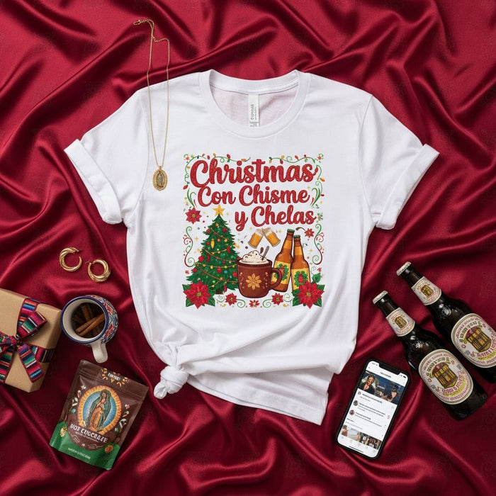 Christmas Con Chisme Y Chelas T-Shirt: Festive Holiday Fiesta Tee with Christmas Tree, Hot Chocolate, Beer, and Poinsettias - Funny Spanglish Xmas Party Shirt Gift for Friends and Family Mexicada