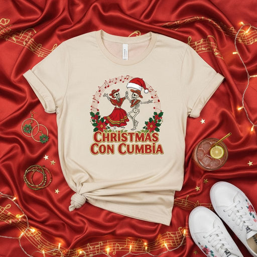 Christmas Con Cumbia Shirt, Funny Skeleton Dancing Tee, Catrina and Santa Hat Skulls, Mexican Holiday Fiesta T-Shirt, Latin Music Christmas Party Gift, Music Notes and Poinsettia Graphic Top Mexicada
