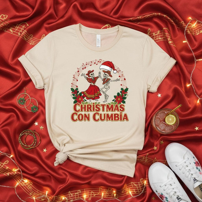 Christmas Con Cumbia Shirt, Funny Skeleton Dancing Tee, Catrina and Santa Hat Skulls, Mexican Holiday Fiesta T-Shirt, Latin Music Christmas Party Gift, Music Notes and Poinsettia Graphic Top Mexicada