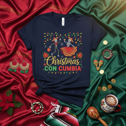 Christmas Con Cumbia Skeleton Dancers Feliz Navidad T-Shirt, Mexican Fiesta Holiday Shirt, Day of the Dead Christmas, Funny Latin Music Xmas Gift Tee Mexicada