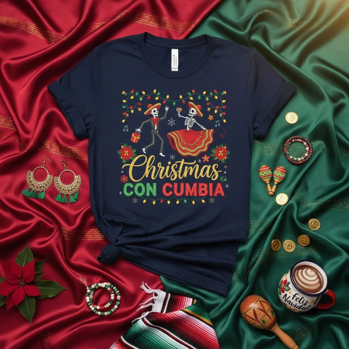 Christmas Con Cumbia Skeleton Dancers Feliz Navidad T-Shirt, Mexican Fiesta Holiday Shirt, Day of the Dead Christmas, Funny Latin Music Xmas Gift Tee Mexicada
