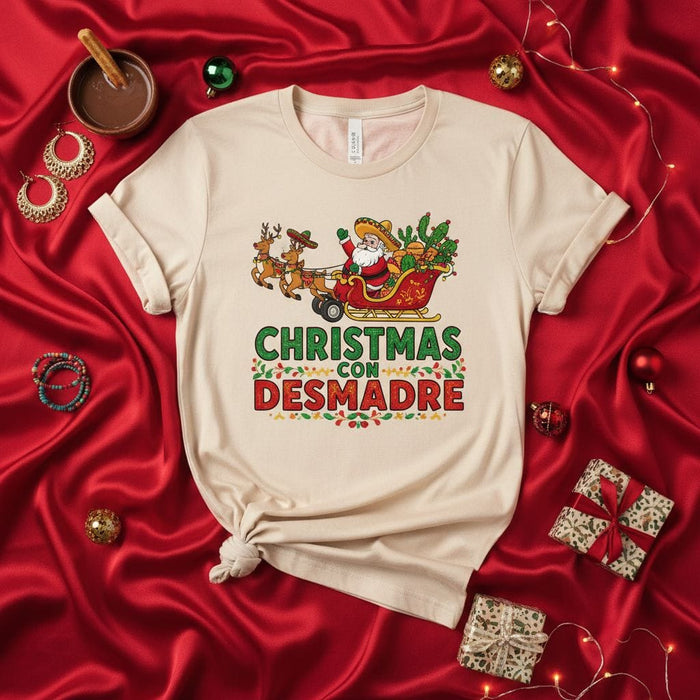 Christmas Con Desmadre Shirt, Funny Mexican Santa Sombrero Reindeer Sleigh Tee, Navidad Fiesta Holiday Unisex T-Shirt, Latino Spanish Christmas Party Top Mexicada