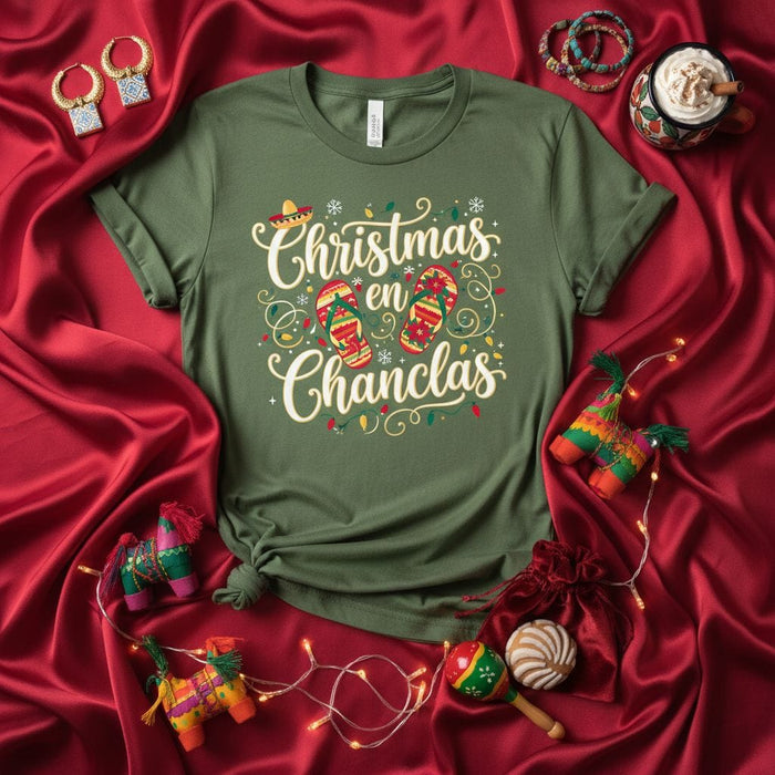 Christmas en Chanclas Shirt, Funny Hispanic Xmas Flip Flop T-Shirt, Mexican Family Holiday Fiesta Tee, Latino Gift Idea, Merry Christmas in Sandals Apparel Mexicada