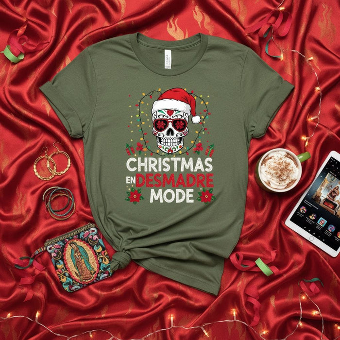 Christmas En Desmadre Mode Sugar Skull Shirt, Funny Mexican Christmas T-Shirt, Santa Hat Calavera Tee, Xmas Lights Poinsettia Graphic Holiday Unisex Apparel, Desmadre Mode Tee Gift Mexicada