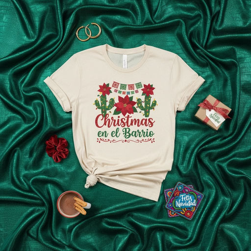 Christmas En El Barrio Shirt, Feliz Navidad Poinsettia Cactus T-Shirt, Spanish English Holiday Tee, Merry Christmas in the Neighborhood Latinx Gift, Festive Fiesta Style Mexicada