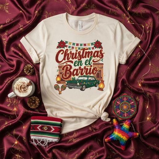 Christmas en el Barrio Shirt, Vintage Lowrider Car Navidad Tee, Mexican Fiesta Holiday Family Matching T-Shirt, Poinsettia Banner Xmas Gift Idea, Spanish Christmas Celebration Apparel Mexicada