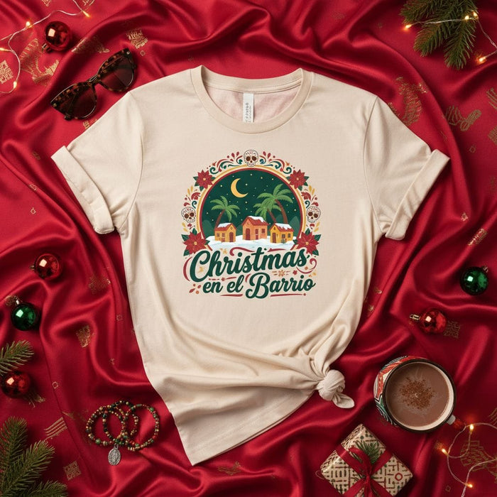 Christmas en el Barrio Tropical Holiday T-Shirt - Latino Christmas Tee with Palm Trees, Houses, Sugar Skulls, and Poinsettias - Unisex Soft Style Seasonal Apparel Mexicada