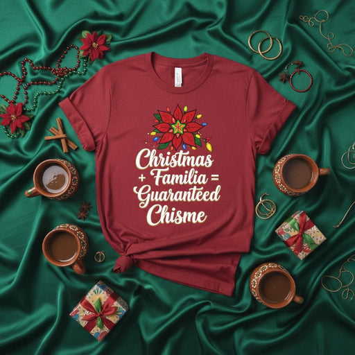 Christmas + Familia = Guaranteed Chisme T-Shirt, Funny Holiday Gift for Latinx Family, Poinsettia and Lights Graphic Tee, Unisex Red Christmas Shirt with Spanish Saying about Gossip Mexicada