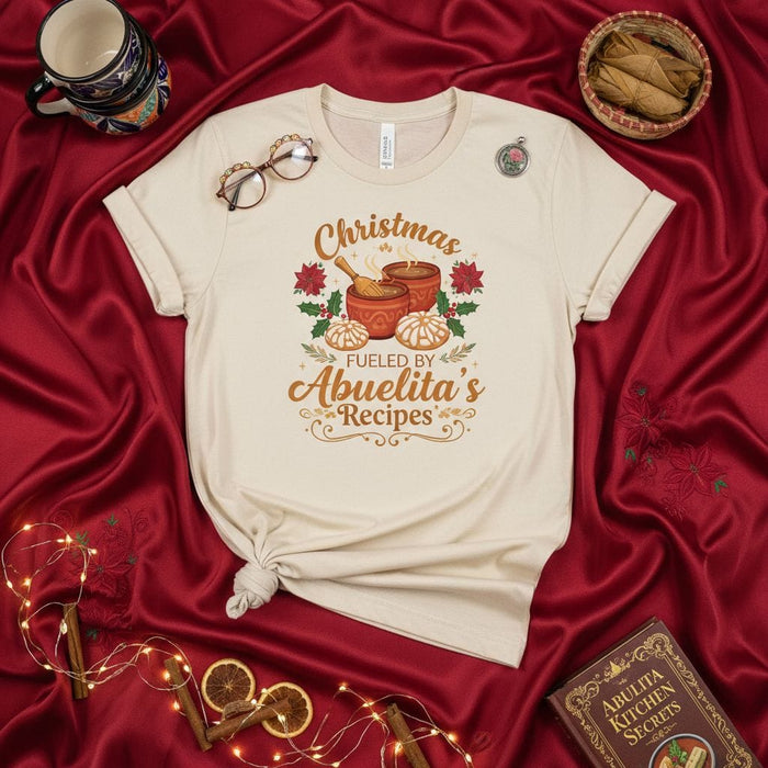 Christmas Fueled By Abuelita's Recipes T-Shirt, Holiday Spanish Grandmother Food Tee, Poinsettia Cocoa Tamales Dessert Shirt, Xmas Family Gathering Gift. Mexicada