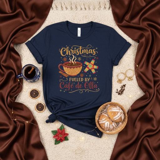 Christmas Fueled By Café de Olla T-Shirt, Hot Chocolate Cup, Piñata, Cinnamon, Mexican Holiday Tee, Unisex Christmas Gift, Festive Apparel Mexicada