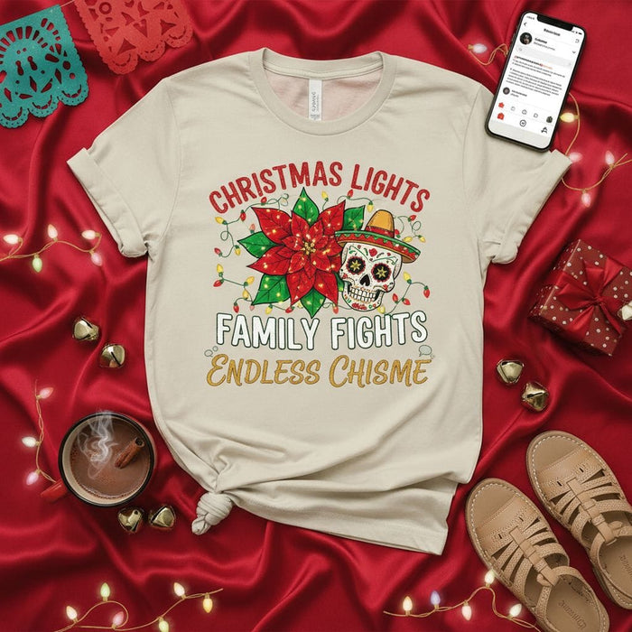 Christmas Lights Family Fights Endless Chisme T-Shirt, Funny Mexican Sugar Skull Poinsettia Tee, Latina Christmas Holiday Fiesta Shirt, Unisex Latinx Xmas Gift Top Mexicada