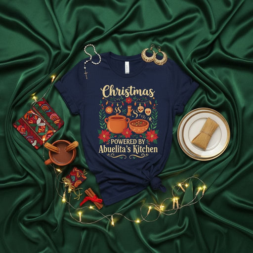 Christmas Powered by Abuelita's Kitchen T-Shirt, Hot Chocolate Tamales Poinsettia Day of the Dead Skulls, Mexican Family Christmas Holiday Shirt, Unisex Foodie Gift Mexicada