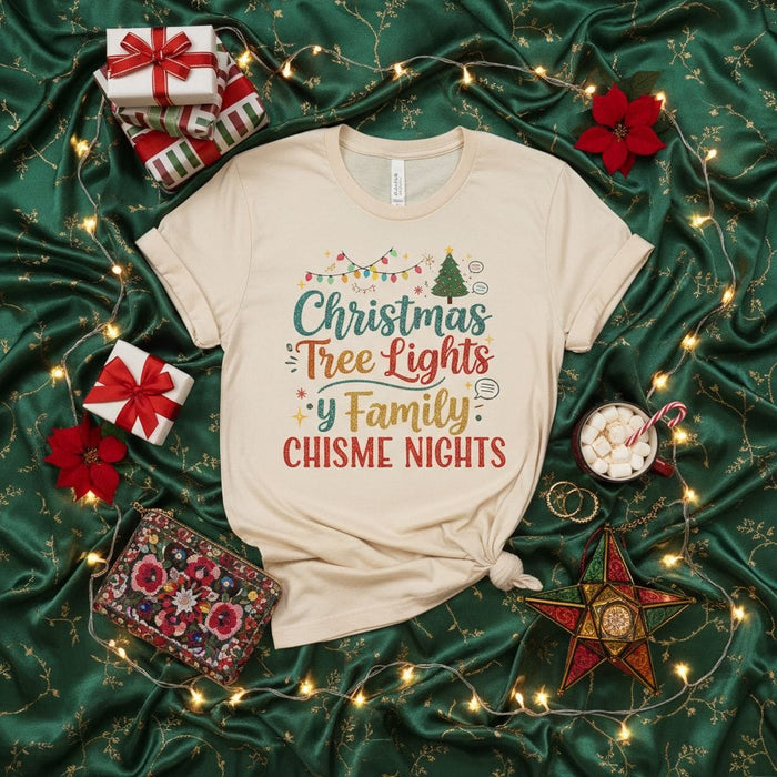 Christmas Tree Lights Y Family Chisme Nights Shirt, Funny Holiday Latina Gift, Spanish Christmas Party Tee, Xmas Lights & Gossip T-Shirt, Unisex Mexicada