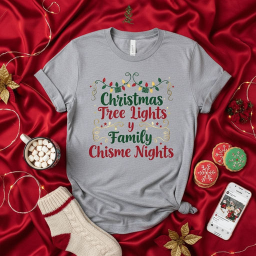 Christmas Tree Lights y Family Chisme Nights T-Shirt, Funny Holiday Shirt, Spanglish Christmas Tee, Mexican Family Gift, Secret Santa, Family Gathering Outfit, Navidad Shirt Mexicada