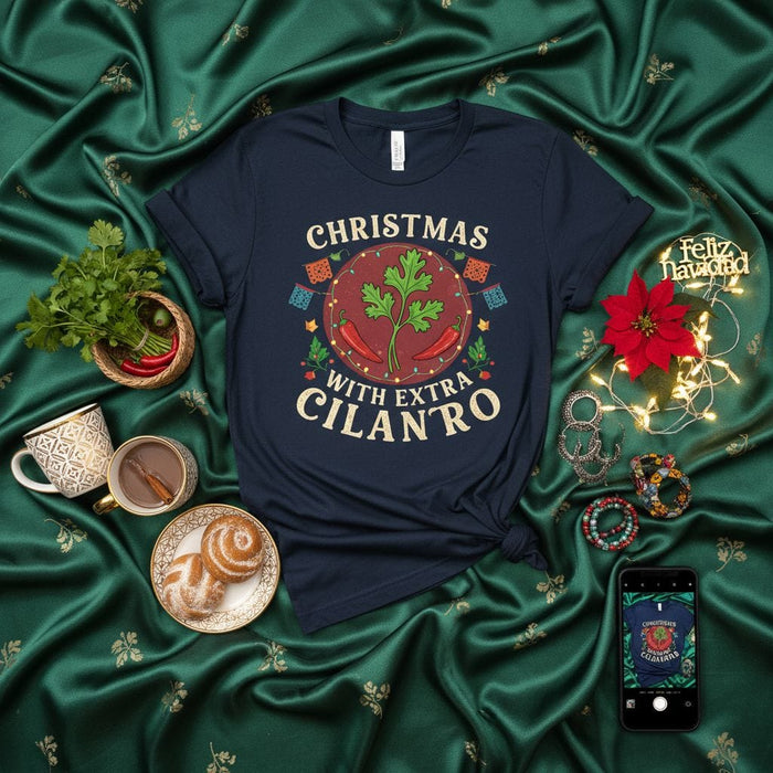 Christmas with Extra Cilantro Shirt, Funny Holiday Foodie T-Shirt, Mexican Fiesta Christmas Tee, Cute Cilantro & Chili Pepper Graphic T-Shirt, Feliz Navidad Apparel, Dark Navy Unisex Gift Tee Mexicada