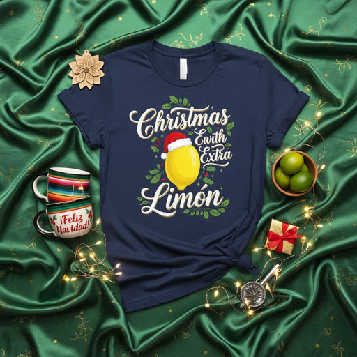 Christmas With Extra Limón T-Shirt | Funny Holiday Citrus Tee | Spanglish Feliz Navidad Lemon Graphic Shirt | Unisex Christmas Party Gift Apparel Mexicada