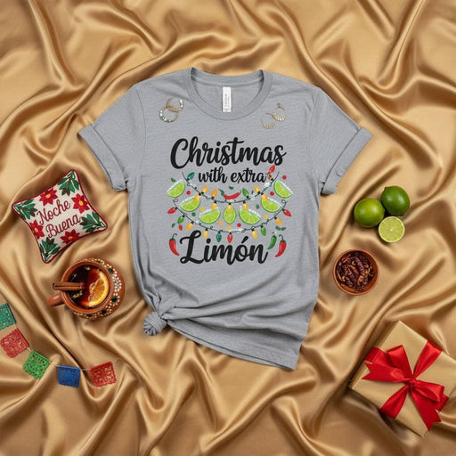 Christmas with Extra Limón T-Shirt | Funny Holiday Fiesta Shirt | Margarita Lime String Lights Chili Peppers Graphic Tee | Unisex Christmas Party Apparel Mexicada