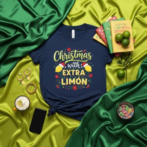 Christmas with Extra Limón T-Shirt, Funny Holiday Shirt, Navy Blue Unisex Graphic Tee with Lemons and Peppers, Festive Limoncello Party Apparel, Spanish English Pun Shirt, Unique Christmas Gift Idea Mexicada