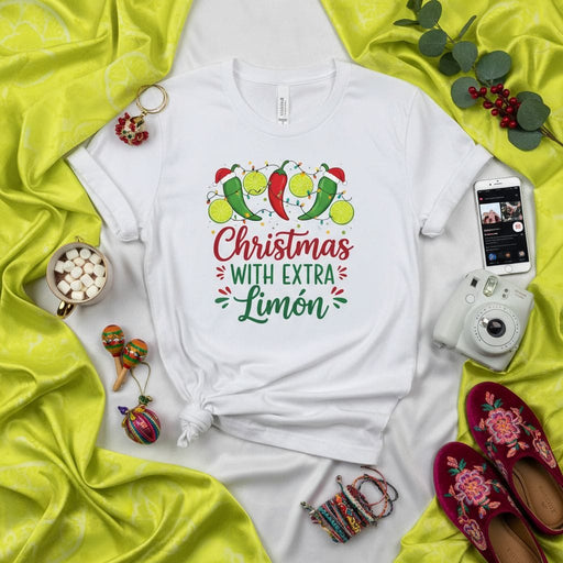 Christmas with Extra Limón T-Shirt, Funny Mexican Holiday Shirt, Jalapeño Lights Fiesta Tee, Festive Limón Chile Pepper Garment, Unisex Xmas Party Top, Latinx Food Lover Gift, White Graphic T-Shirt Mexicada