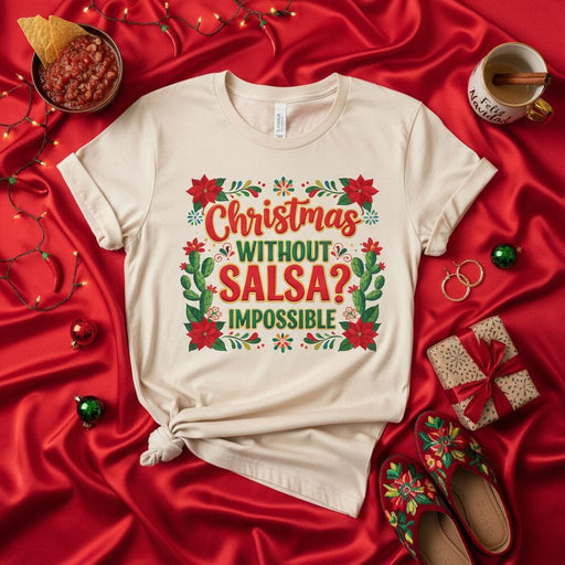 Christmas Without Salsa? Impossible - Festive Poinsettia Cactus Mexican Food Holiday Unisex T-Shirt Tee Shirt Gift Idea for Salsa Lovers Mexicada