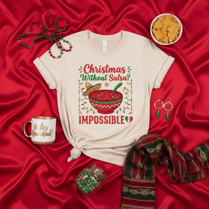 Christmas Without Salsa Impossible T-Shirt, Funny Holiday Fiesta Shirt, Mexican Christmas Food Lover Tee, Cute Xmas Salsa Bowl Sombrero Graphic Unisex Top, Festive Lights Decorations Apparel Mexicada