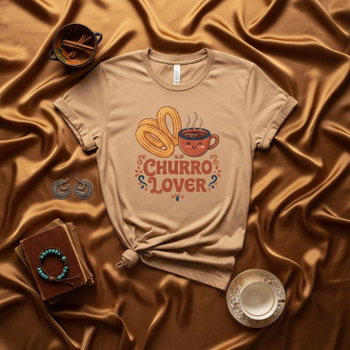 Churro Lover Shirt, Cute Kawaii Hot Chocolate Mug Tee, Mexican Dessert T-Shirt, Foodie Gift, Spanish Pastry Snack Top, Unisex Brown Tan Apparel Mexicada