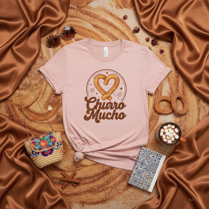 Churro Mucho T-Shirt with Heart-Shaped Churro Graphic, Funny Dessert Lover Tee, Sweet Treat Foodie Gift, Spanish Pun Shirt, Unisex Softstyle Casual Wear. Mexicada