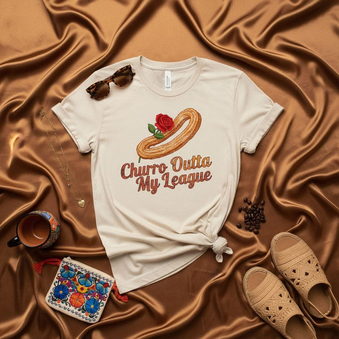 Churro Outta My League T-Shirt, Funny Churro Tee, Cute Food Pun Shirt, Spanish Pastry Dessert Lover Gift, Cinco de Mayo Apparel, Unisex Foodie Graphic Top Mexicada
