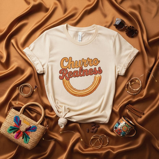 Churro Realness Shirt, Funny Foodie T-Shirt, Dessert Lover Gift, Sweet Snack Graphic Tee, Casual Unisex Apparel with Retro Text and Churro Smile Design Mexicada