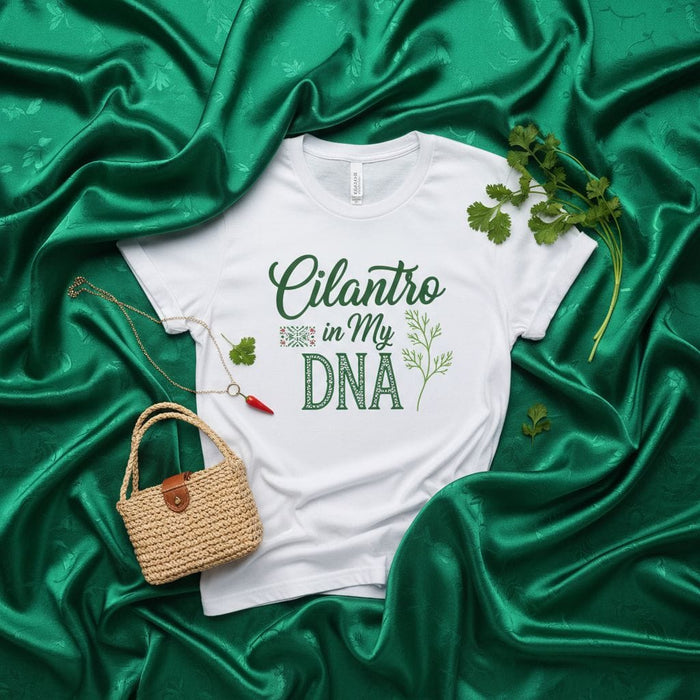 Cilantro In My DNA T-Shirt, Funny Coriander Herb Lover Tee, Mexican Foodie Gift, Green and White Unisex Graphic Shirt Mexicada