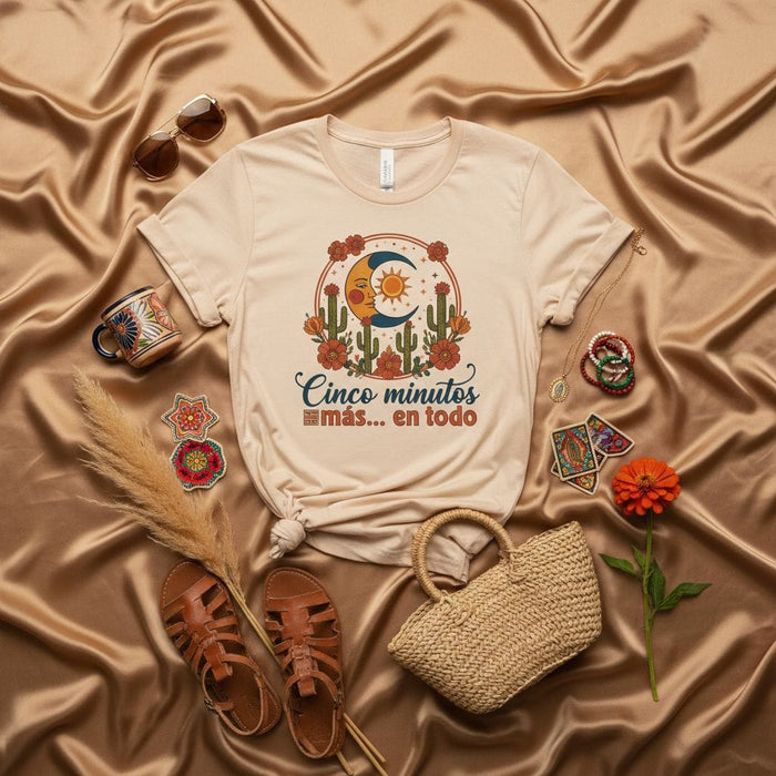 Cinco minutos más... en todo T-Shirt, Boho Moon Sun Cactus Shirt, Spanish Phrase Tee, Retro Desert Graphic Top, Siesta Lover Gift, Unisex Aesthetic Clothing Mexicada