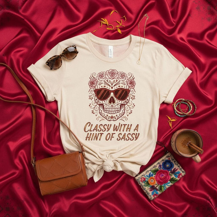 Classy With a Hint of Sassy Sugar Skull T-Shirt with Sunglasses and Floral Crown, Dia de Muertos Inspired Graphic Tee, Women's/Unisex Sassy Skull Shirt Mexicada