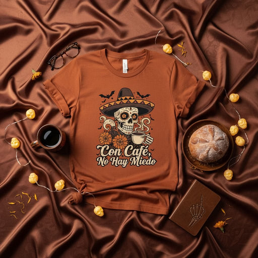 Con Café No Hay Miedo Sugar Skull Día de los Muertos T-Shirt, Funny Coffee Calavera Unisex Shirt, Day of the Dead Skeleton Tee, Spanglish Halloween Apparel, Fall Latte Lover Gift Idea Mexicada