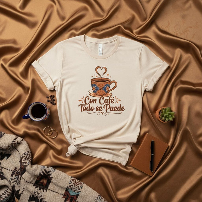 Con Café Todo Se Puede T-Shirt, Coffee Lover Spanish Quote Tee, Cute Latina Gift, Retro Boho Coffee Mug Graphic Shirt Mexicada