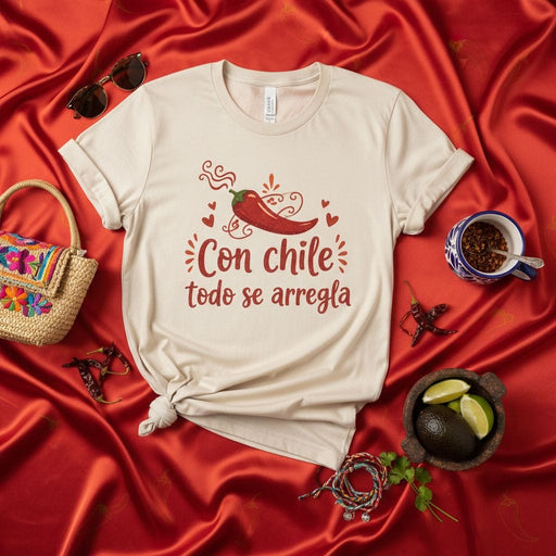 Con chile todo se arregla T-Shirt, Camiseta Unisex con Diseño de Chile Picante, Regalo Amante de Comida Mexicana, Funny Spanish Quote Tee, Sabor Latino Mexicada