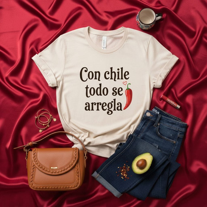 Con chile todo se arregla T-Shirt, Funny Hispanic Chili Pepper Spanish Quote Tee, Latina Food Lover Shirt, Gift for Mexican Mom Women, Unisex. Mexicada