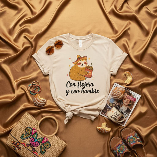 Con flojera y con hambre Sloth T-Shirt, Funny Sloth with Sombrero and Tostitos, Unisex Spanish Phrase Tee, Lazy and Hungry Shirt, Cute Sloth Lover Gift, Mexico Snack Top Mexicada