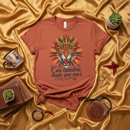 Con hambre desde que nací Jaguar T-Shirt, Mexican Heritage, Chicano Pride Tee, Brown/Rust Color, Unisex Graphic Shirt, Cultura Mexicana, Regalo Latino, Ocelot Print, Aztec/Mayan Style Design Mexicada