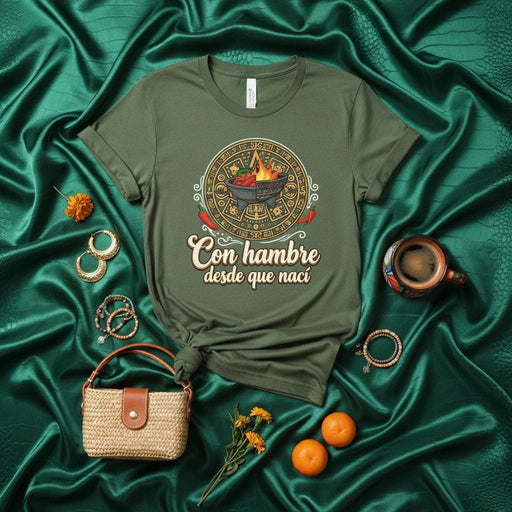 Con hambre desde que nací T-Shirt, Funny Mexican Food Shirt, Salsa Molcajete Design, Spicy Chili Pepper Tee, Spanish Saying Gift, Cinco de Mayo Apparel, Unisex Adult Graphic Top Mexicada