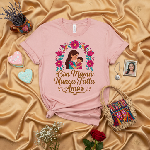 Con Mamá Nunca Falta Amor T-Shirt, Camiseta de Madre e Hijo/a, Regalo para Mamá, Blusa Rosada, Floral, Día de las Madres, Camisa Unisex en Español, Mom Love Tee Mexicada