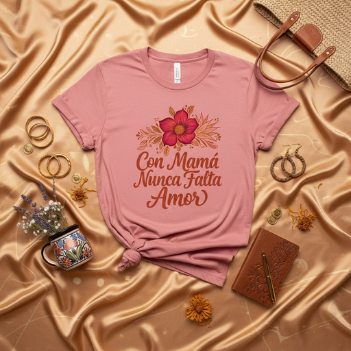 Con Mamá Nunca Falta Amor T-Shirt, Mother's Day Gift for Mom, Floral Spanish Quote Tee, Latina Mama Shirt, Pink Unisex Top, Regalo para Mamá Mexicada
