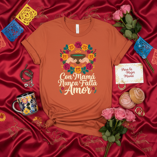 Con Mamá Nunca Falta Amor T-Shirt, Mother's Day Gift Tee, Spanish Quote Shirt, Floral Wreath Design, Dia de las Madres, Mexican Culture Family Love Apparel Mexicada