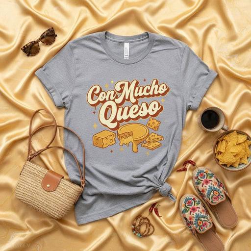 Con Mucho Queso T-Shirt, Funny Cheese Lover Graphic Tee, Spanish Foodie Shirt, Retro Dairy Snack Gift, Unisex Top for Nacho Fans Mexicada