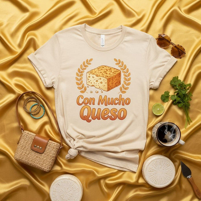 Con Mucho Queso T-Shirt, Funny Cheese Lover Tee, Spanish Quote Shirt, Latin Food Graphic T-shirt, Hispanic Heritage Month Gift, Unisex Soft Cream Short Sleeve Shirt Mexicada