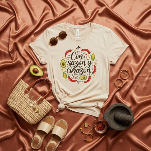 Con Sazón Y Corazón T-Shirt, Spanish Saying Shirt, Latinx Pride Foodie Tee, Mexican Heritage Avocado Chili Pepper Corn Graphic Unisex T-Shirt Mexicada